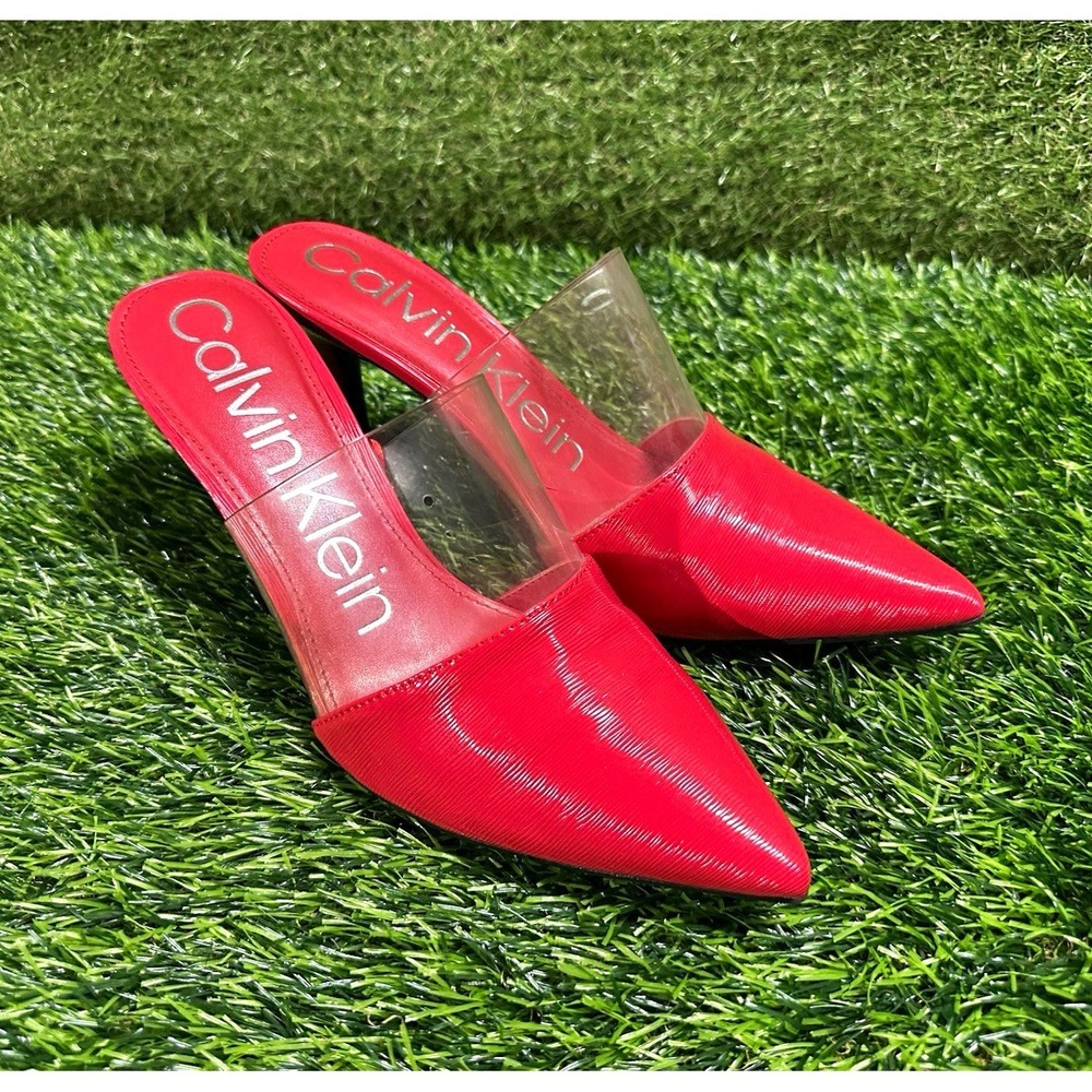 Calvin Klein Womens Red Pointed Toe Mule Heel Clear Strap 8.5 KCGRAYCIE-R